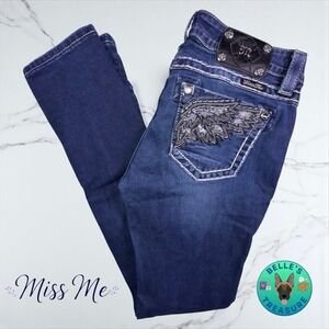 Miss Me Jeans Womens 28 Mid Rise Skinny Dark‎ Wash Angel Wing Pocket Denim 29x31